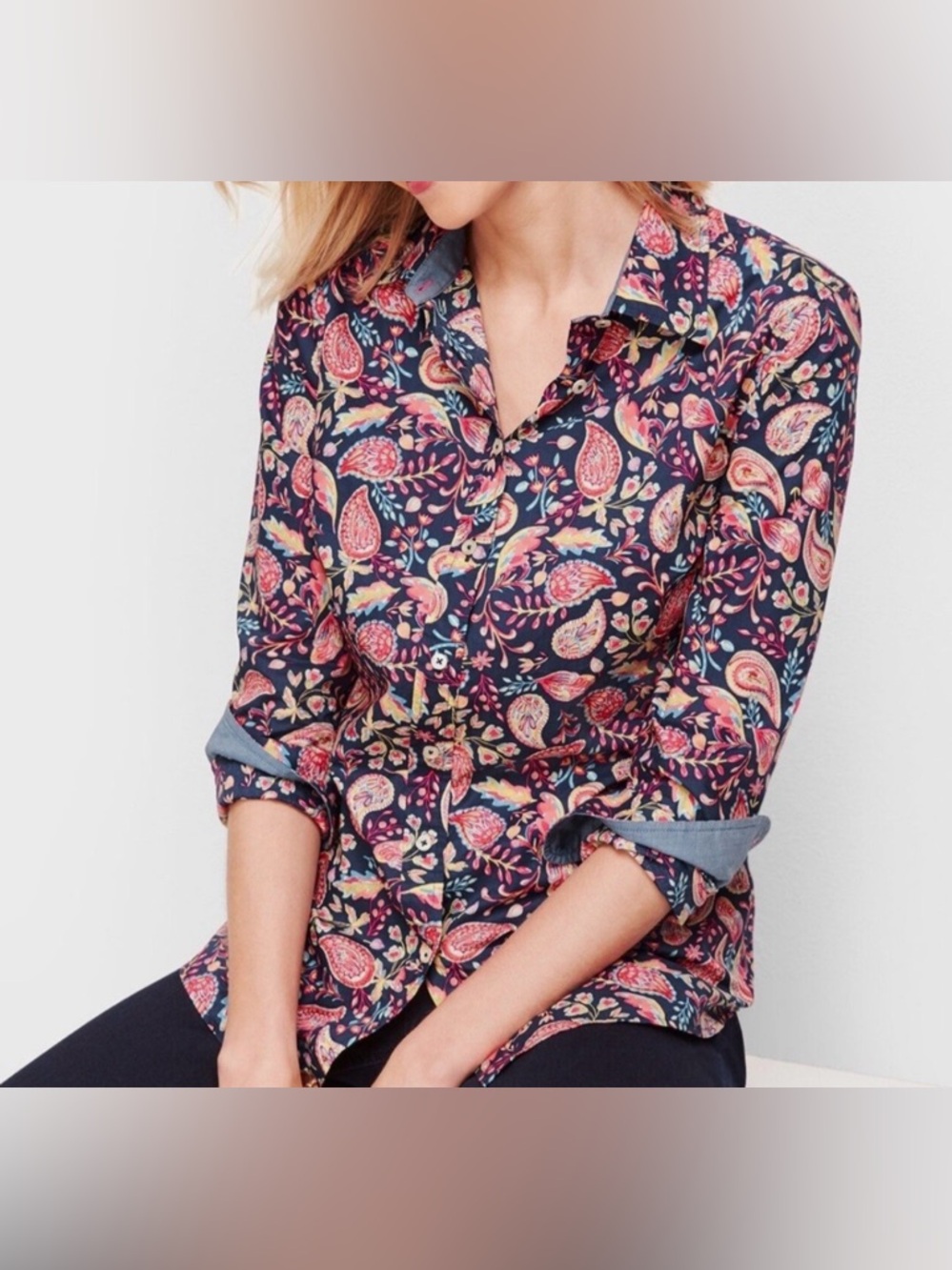 Talbots Navy Paisley Button-Up Shirt with Pink and Coral Accents
